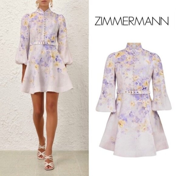 Zimmermann Crush Buttoned Mini Shirt Dress Lilac Floral AU0 - Picture 1 of 8
